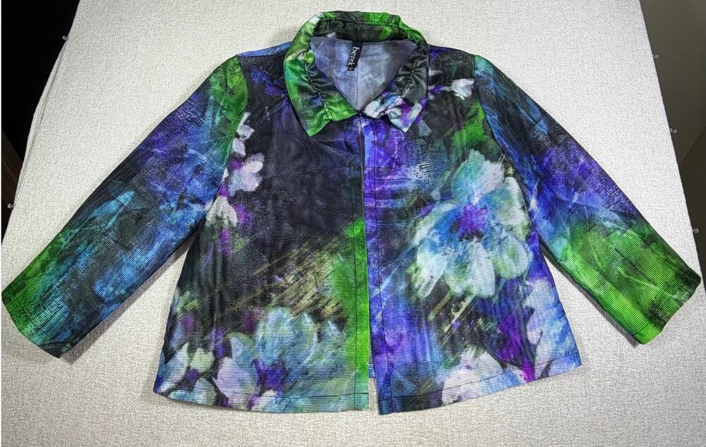 Berek Women Large Blue Green Sheer Cropped Open Front Long Sleeve Holiday Jacket